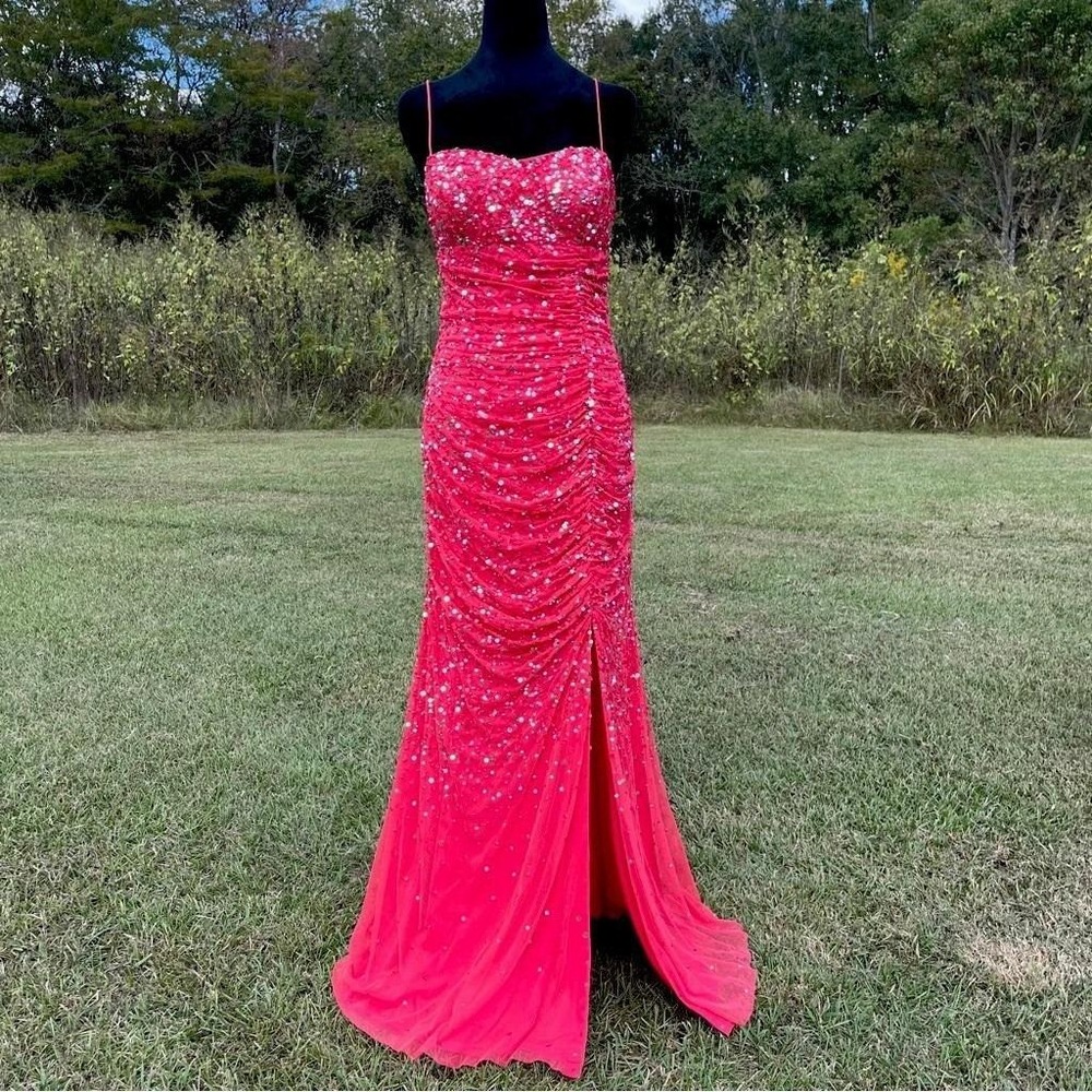Vtg 90s Y2K Cache Beaded Maxi Dress S Red Chiffon Overlay Slit Mermaid HoCo Gown - Picture 10 of 10
